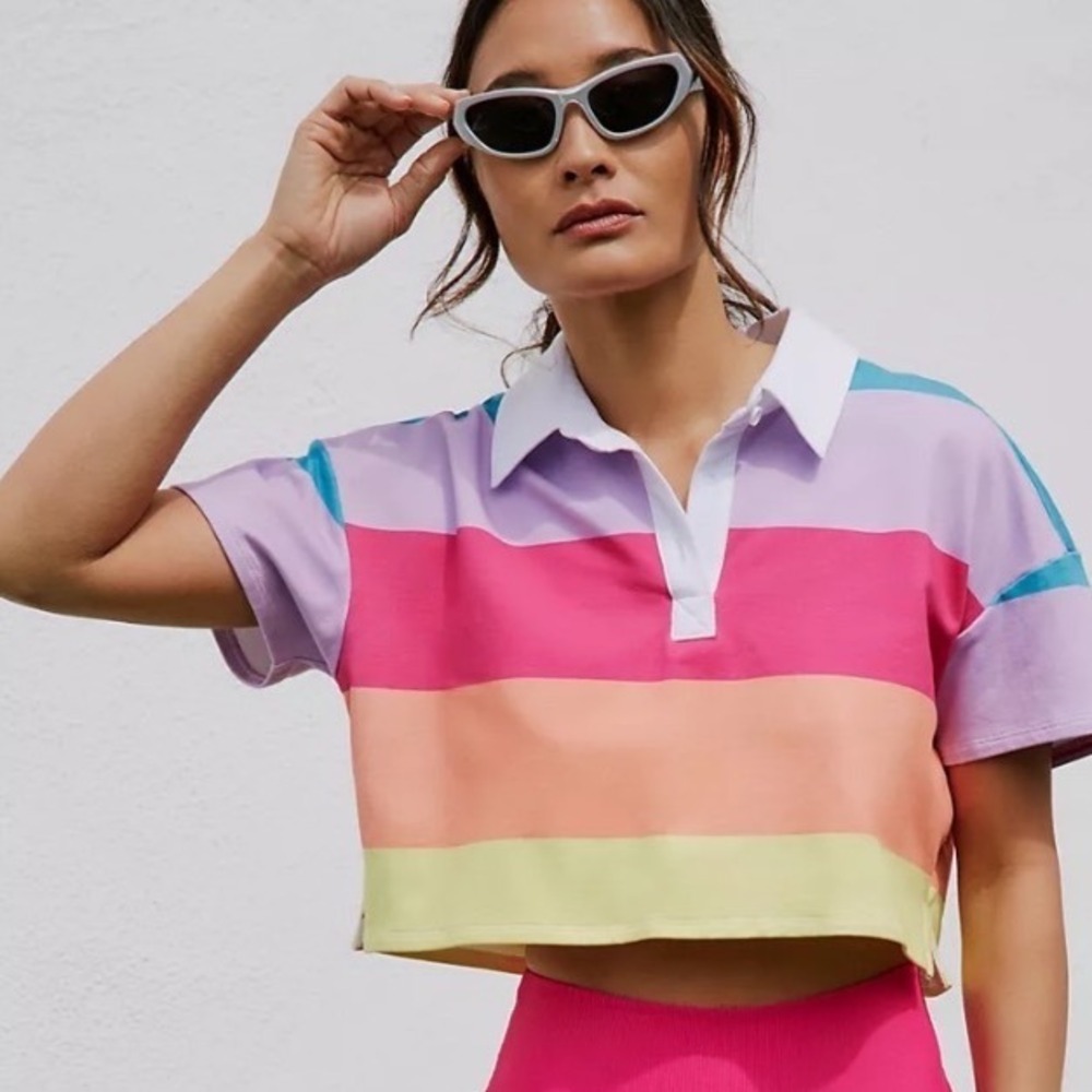 Beach Riot Willa Cropped Short Sleeve Polo Shirt Multi Stripe Pink Yellow Small - Picture 1 of 5
